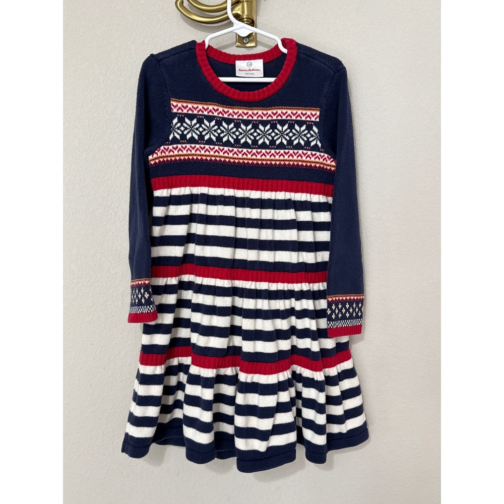 Hanna Andersson Sweater Dress Girls 110/5 Navy Blue Fair Isle Striped Tiered